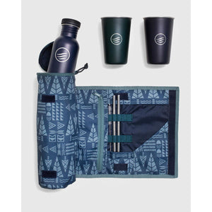 United by Blue reusable bottle and cup set with patterned roll up utensil case