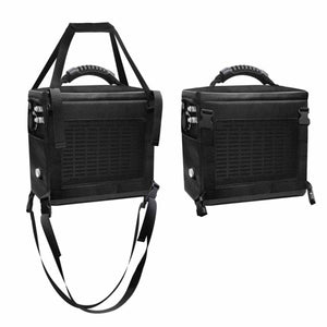 Two black square storage bags with mesh pockets and carrying handles