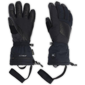 Outdoor Research black AltiHeat heated gloves with leather palms and Gore-Tex branding