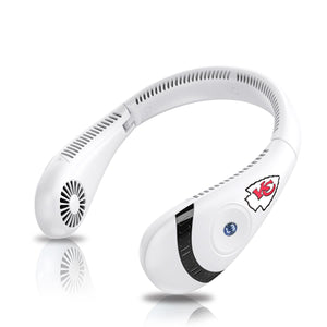 White wearable neck fan with Kansas City Chiefs logo