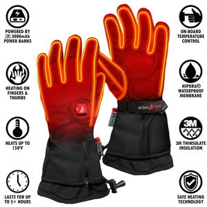 ActionHeat battery heated gloves with feature icons for power, temperature control, waterproof membrane, and insulation