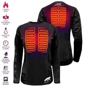 Aheata black long sleeve heated shirt showing front and back heating zones with feature icons