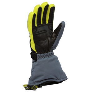 Grey and neon yellow winter glove with black leather palm