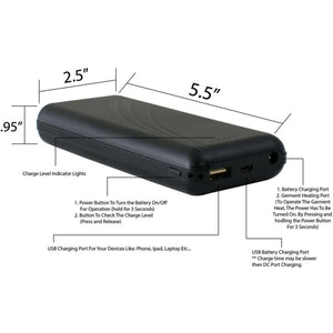 NexGen black battery pack with dimensions and labeled ports and buttons