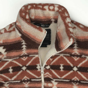 Mobile Warming women medium fleece quarter zip pullover with brown and cream geometric pattern