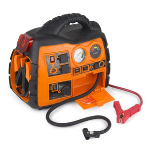 Portable orange and black jump starter with air compressor and power outlets