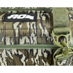 AO Coolers bag with camouflage pattern and green strap attachment