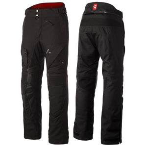 Front and back view of black Gerbing motorcycle pants with reinforced knee panels and zippered pockets