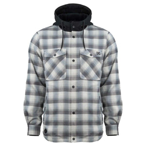 Mobile Warming grey and white plaid hooded flannel shirt with snap buttons and two chest pockets