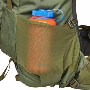 Orange water bottle in the mesh side pocket of a green Kelty backpack