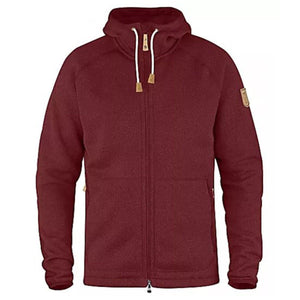 Fjallraven red fleece zip up hoodie with drawstring hood and side pockets