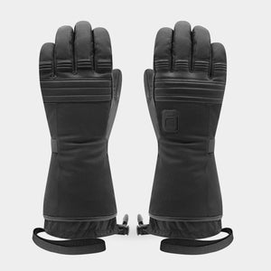 Pair of black heated winter gloves with adjustable wrist straps and power button on the back