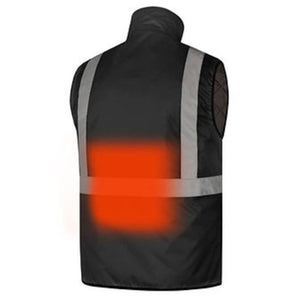 Back view of a black Pioneer heated safety vest with reflective stripes
