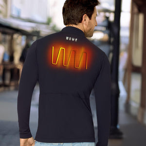 Man wearing a black long sleeve shirt with a glowing orange heating element graphic on the back