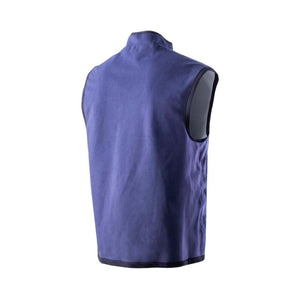 Back view of a blue fleece vest with black trim