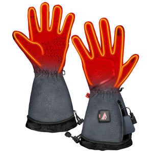 ActionHeat grey heated gloves with glowing red heating elements visible in fingers and palm