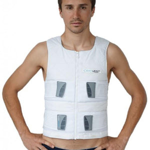 Man wearing a white BodyCap Cryovest cooling vest with four grey cooling packs attached