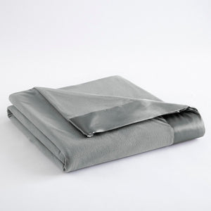 Shavel grey fleece blanket with satin trim folded on white background