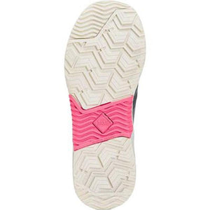 Muck boot tread pattern with white rubber sole and pink midfoot section