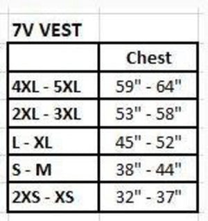 Size chart for 7V vest showing chest measurements for sizes 2XS to 5XL
