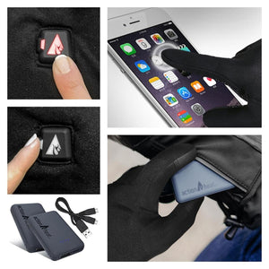 ActionHeat gloves showing power button, touchscreen compatibility, battery pack insertion, and charging accessories