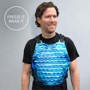 Man wearing an Alpha Cool blue gel cooling chest vest