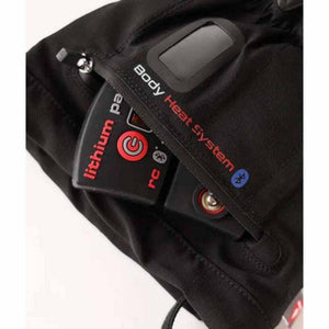 Lenz lithium battery pack inside a black zippered pocket labeled Body Heat System