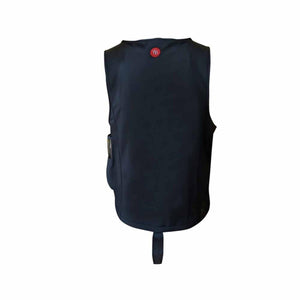Back view of a black Glovii heated vest with a red heat icon logo