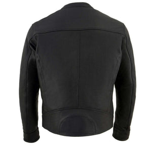 Back view of a black leather motorcycle jacket with stitched panel detailing