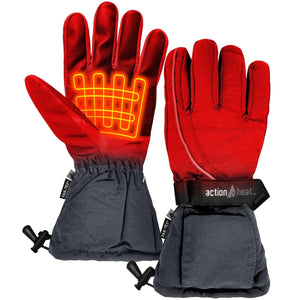 ActionHeat red and black heated winter gloves with visible heating element grid