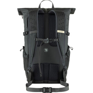 Back view of a black Fjallraven rolltop backpack with mesh padded shoulder straps and waist belt