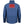 Back view of a blue Mobile Warming quilted jacket with a glowing red heating element graphic on the upper back