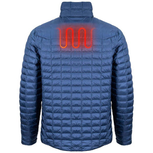 Back view of a blue Mobile Warming quilted jacket with a glowing red heating element graphic on the upper back