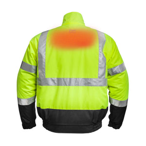 Mobile Warming high visibility yellow jacket with reflective strips and heated back panel