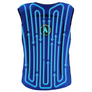 AlphaCool blue cooling vest with internal tubing and directional arrows