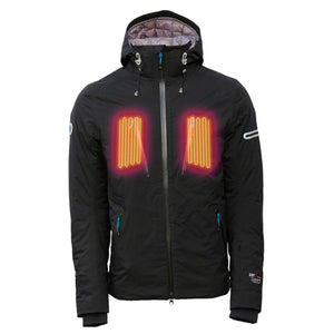 Black hooded Zero Layer heated jacket with glowing chest heating elements