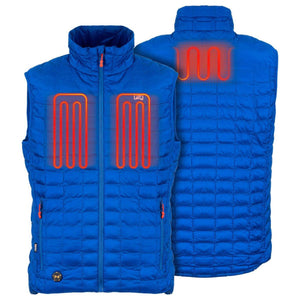 Mobile Warming blue quilted heated vest showing front and back heating elements