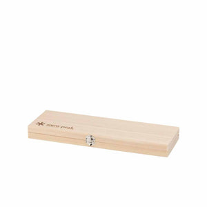 Closed rectangular Snow Peak wooden storage case with metal latch