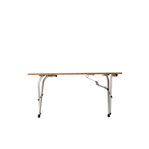 Side view of a folding table with a wooden top and metal legs