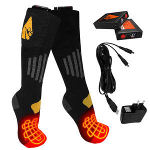 ActionHeat black heated socks with two battery packs, charging cable, and wall adapter