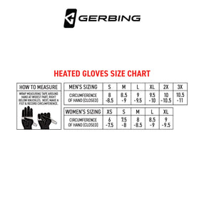 Gerbing heated gloves size chart showing hand circumference measurements for men and women