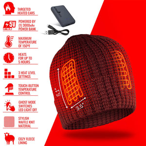 ActionHeat burgundy waffle knit beanie with internal heating elements and power bank