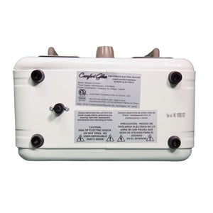 Back view of World Marketing Comfort Glow electric heater showing product label and safety information