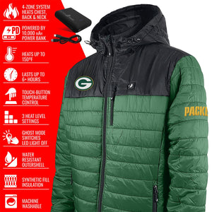 ActionHeat Green Bay Packers heated jacket with power bank and feature list