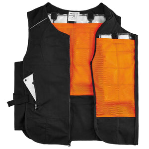Chill Its 6255 black cooling vest with orange mesh lining and ice pack inserts
