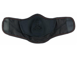Black neoprene face mask with orange stitching and velcro side fasteners