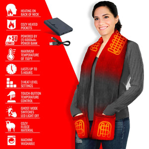 Woman wearing ActionHeat fleece scarf with highlighted heating zones and power bank features