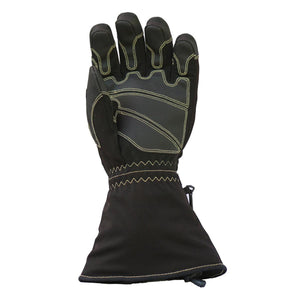 Black work glove with yellow stitching and extended cuff
