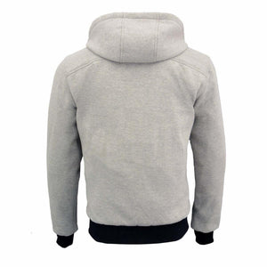 Back view of a grey NexGen hoodie with black cuffs and hem