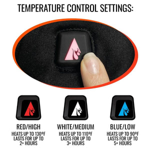 Temperature control settings showing red high white medium and blue low heat levels with duration